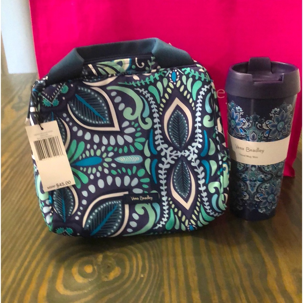 Vera Bradley Lighten Up Lunch Cooler AND 16 oz Travel Mug (matching pattern) NWT